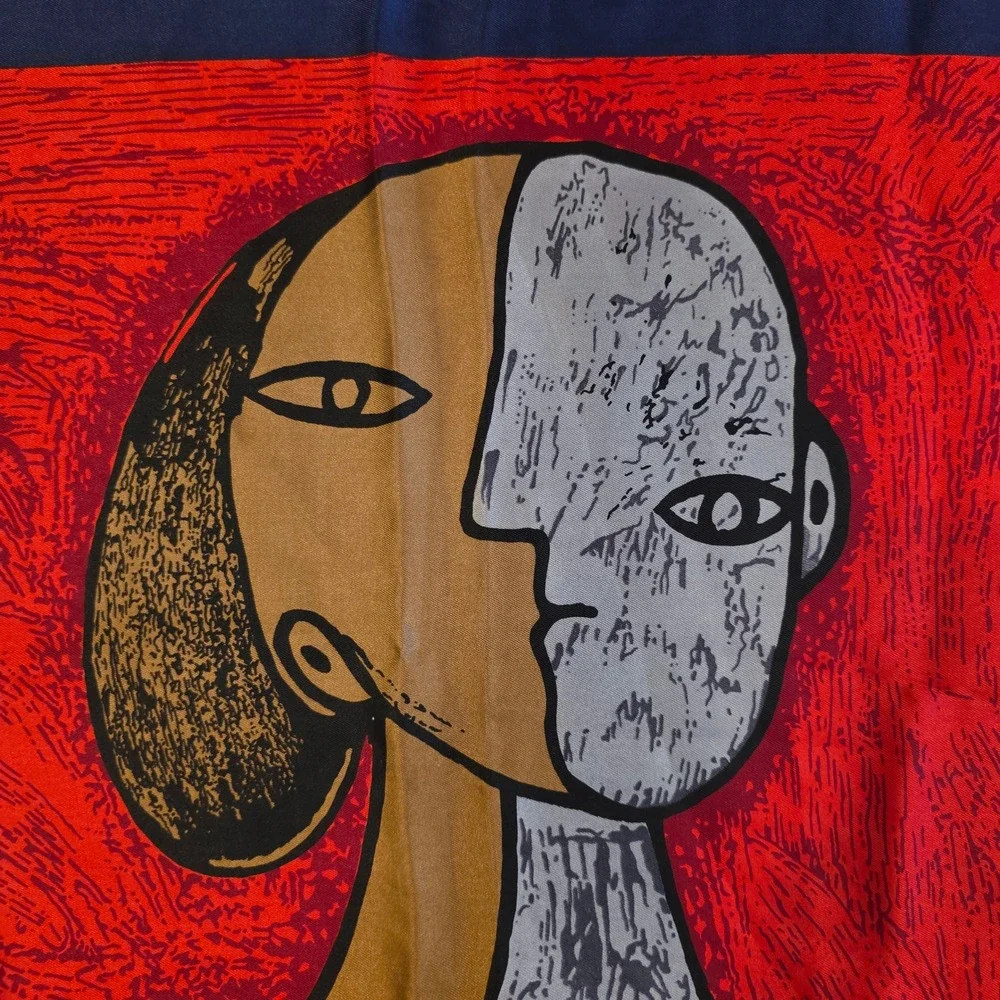 Vintage Picasso Cubist Art Scarf Large Square Red Yellow Blue Abstract Portrait